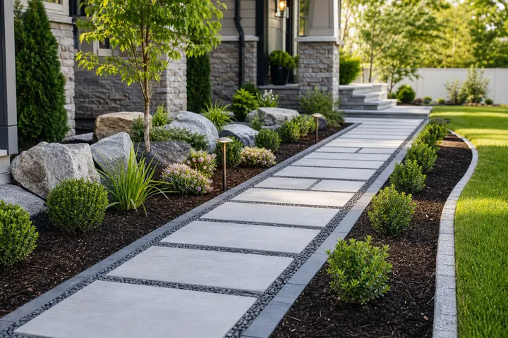 Modern residential landscaping with a stone walkway and planted beds