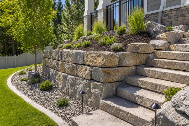 Natural stone retaining wall with stairs beside a landscaped yard