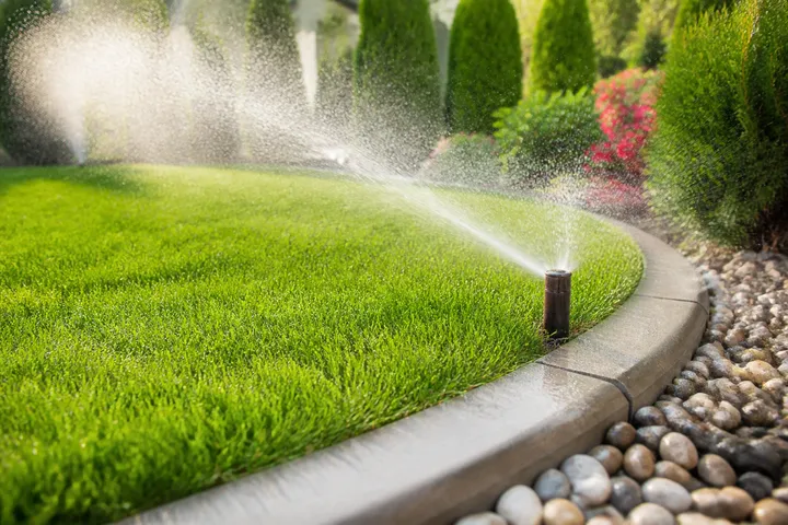 Lawn sprinkler watering a green yard