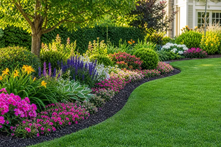 Colorful garden bed beside a manicured green lawn